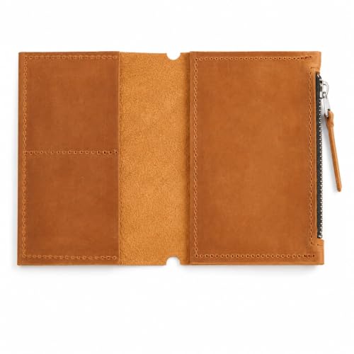 Leather Journal Pocket Insert A6 – Genuine Leather Notebook Organizer with Card Pockets & Large Zipper Pocket, Refillable Travel Insert for Planner 4.1"x5.8", Warm Brown - size: A6