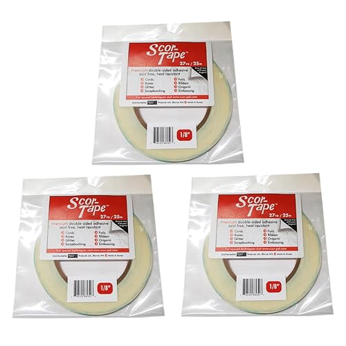 Scor-Tape 1/8" Double-Sided Adhesive Tape, 27 Yards x 3 Rolls, Acid-Free, Ultra-Thin, Perfect for Card Making, Scrapbooking & Paper Crafts, Multi-Pack Value