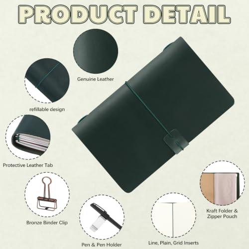 Thenshop Leather Travel Notebook 3 Inserts, Green, Pocket Size - color: Green, size: Pocket Size
