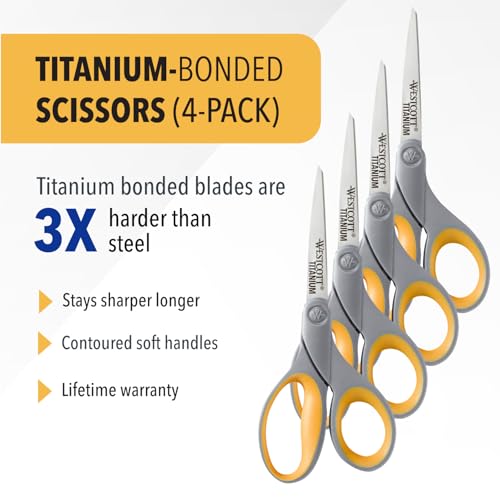 Westcott 8-Inch Titanium Bonded Scissors for Home, Office, and Classroom - Perfect for Cutting Paper, Sewing, and Crafts - Heavy-Duty Design with Soft Handle - Gray/Yellow (Pack of 48) - size: 48-Pack