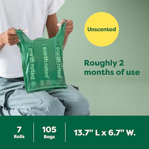 Earth Rated Dog Poop Bags for Dogs, 105 Easy Tie Handle Bags, Unscented - size: 105 Handle Bags (Rolls), style: Unscented