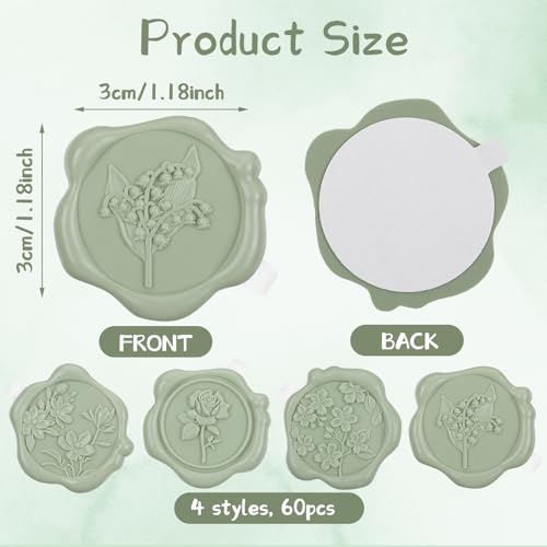 60 Pcs Wax Seal Stickers, Sage Green, 4 Flower Styles - color: 4 Flower Styles- Sage Green
