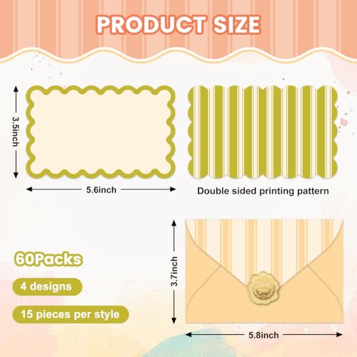 Whaline 60Pcs Flat Blank Notes with Envelopes 4 Colored Scalloped Blank Index Card Non Folding Double-Sided Note Cards for Baby Shower Birthday Wedding, 5.6 x 3.5 Inch - color: green pink orange yellow