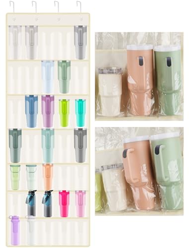 NiHome 35-Pocket Door Hanging Cup Organizer Fit for Stanley Tumbler 30 40oz | Large Capacity Over the Door Water Bottle Storage with Nano Tape, Waterproof Oxford Fabric, U-Shaped Handle Slots (Beige) - color: Beige (Upgraded), size: 75.2'' x 24.4"