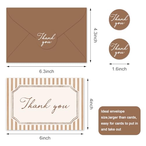 Whaline 24Pcs Brown Striped Thank You Cards Blank Note Cards with Envelopes Stickers Minimalist Stripe Greeting Card for Wedding Birthday Baby Shower, 4 x 6 Inch - color: Brown