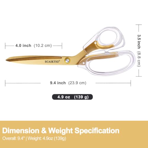 SCAIKTIG 9" Acrylic Scissors, Office Scissors for Desk Gold, Clear Comfort-Grip Handles and Titanium Coated Blades, Sharp Scissors all Purpose Heavy Duty for Sewing, Art, Craft, School, Home Supplies - color: Transparent + Gold, size: 1-Pack(9.4")