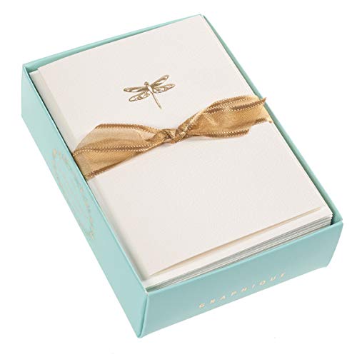Graphique Dragonfly La Petite Presse Boxed Notecards - 10 Embossed and Embellished Gold Foil Blank Cards with Matching Envelopes, 3.25" x 4.75" - color: Dragonfly