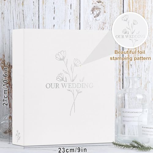 Lanpn Wedding Photo Album 8x10, Each Pack holds 50 Pictures Slip in Pockets Mini Linen Top Loading Wedding Photo Book for Portrait Only 8 x 10 Picture (Flower, White) - color: OUR WEDDING - White, size: 8x10"/50 Photos