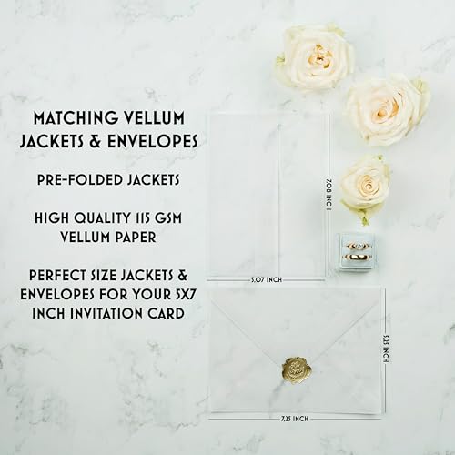 300 Pack Vellum Jackets for 5x7 Invitations Set includes: 100 Jackets, 100 Vellum Envelopes and 100 seal stickers. Wedding Invitation Accessories Kit. Easy to use Pre Folded Invitation Sleeves