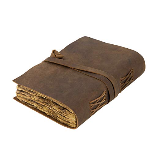 Vintage Leather Journal - Burnt Deckle Edge Paper - Handmade Leather Bound Book of Shadows - Sketchbook for Drawing - 240 Pages (9" x 6")