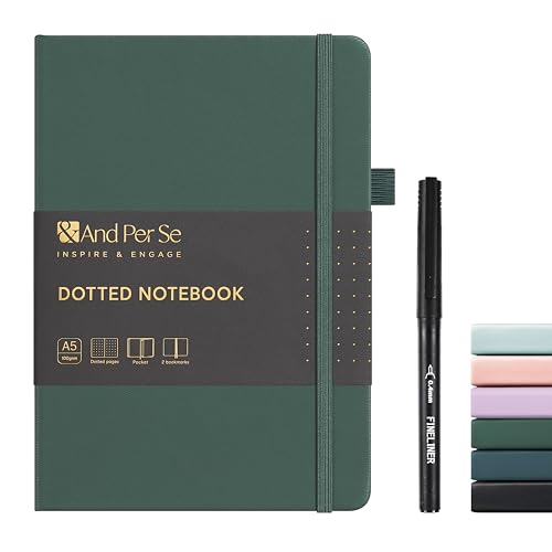 &And Per Se Dotted Notebook with Pen, A5 Hardcover Dotted Journal, 160 Pages 100GSM Thick Paper Dot Grid Journal with Fineliner Pen (Green) - color: Green, size: 160-Dotted