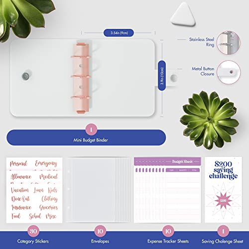 SOUL MAMA Mini Binder With Cash Envelopes - Cute Pink A8 Wallet, Money Organizer, 3 Ring Clear Budgeting Planner for Cash Savings - color: Pink