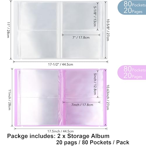 2 Pack Large Sticker Photo Storage Album, Stamp & Cutting Dies Storage Book Organizer Folder for Cards Storage DIY Scrapbooking Card Making Supplies 20 Pages 80 Pockets/Pack (Clear + Purple) - color: Clear + Purple