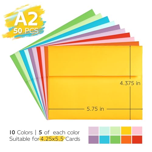 50 Pack Goefun A2 Colored Envelopes Self Seal, 4.375 x 5.75 - color: Multicolor, size: A2