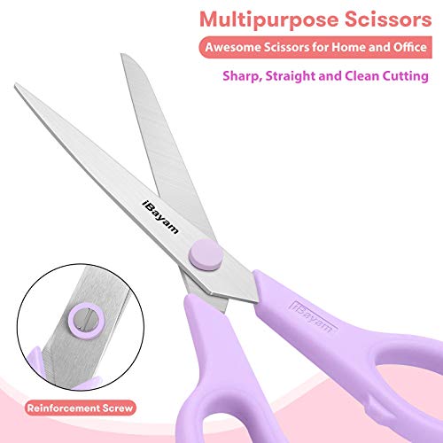 iBayam 8.5" Scissors All Purpose, 2.5mm Sharp Blade, 3 Cute School Office | Soft Comfort-grip, Left/Right Handed, Cuts Cardboard, Fabric, Vinyl & Leather for Office, Classroom, School & Craft Desk - color: Pastel Pink, Soft Purple, Macaron Blue, size: 3-P