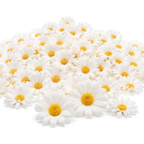 WILLBOND 100 Pcs Faux Daisy Flower Heads White Fabric Flower - color: White