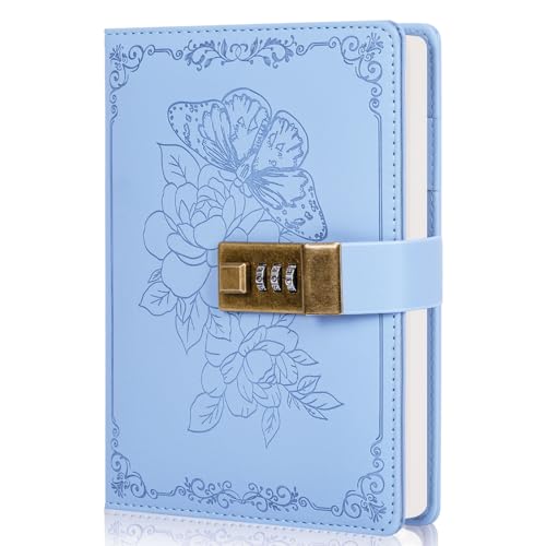 Billtigif Diary with Lock, PU Leather Journal for Gifts, 224 Pages, B6 | Lock Diary for Women Girls, Personal Organizers with Lockable Password, Pen Holder&Bookmark, Refillable - color: Light Blue