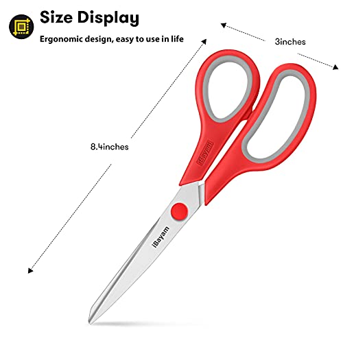 iBayam 8.5" Household Scissors All Purpose 3 Pack, Red Black Blue Scissors | Ultra Sharp 2.5mm Thick Blade Shears Comfort-Grip for Office Desk Sewing Fabric Home Craft School Supplies, Right/Left Handed - color: Red, Black, Blue, size: 3-Pack