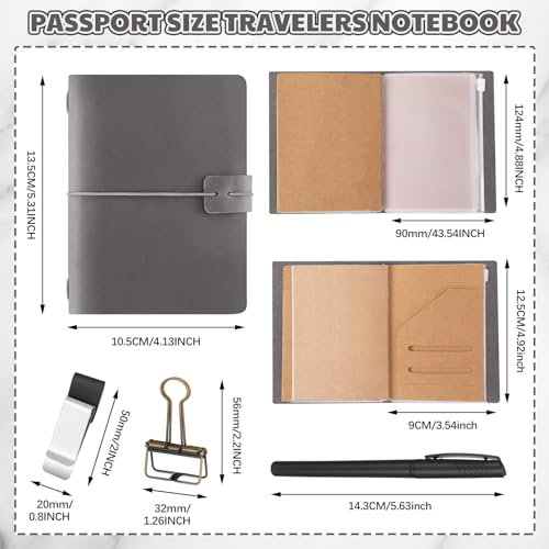 Thenshop Leather Travel Notebook 3 Inserts,Gray,Passport Size | Refillable Travel Journal with Pen Holder and Clip, Passport Notebook Accessories for Organizing Notes, Handmade Diary - color: Gray, size: Passport Size