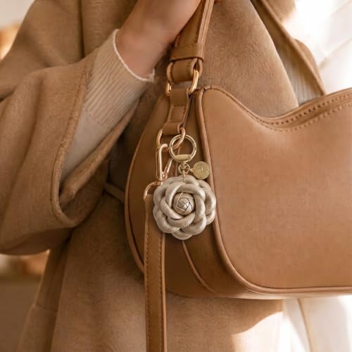 Angyape Flower Bag Charms for Women Purse Charms for Handbags Leather Flower Keychain Retro Aesthetic Keychain Accessories - color: J: Brown