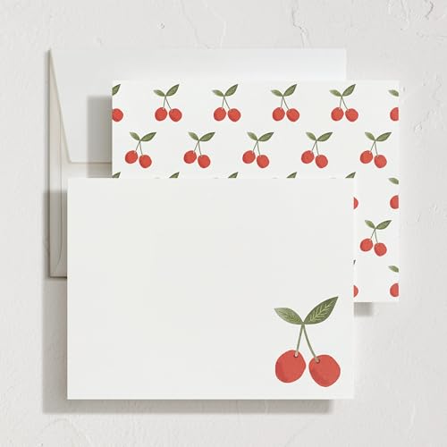 Minted Twin Cherries Stationery Set, Set of 10, Flat Note Cards & Envelopes for Invitiations and Handwritten Thank You Messages, Red Cherry Fruit Illustration, Gifts for Men and Women, Luxurious Paper - color: Twin Cherries