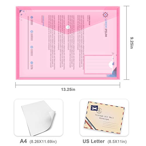 10 Pack Plastic Envelopes for Documents, Clear Folders with Label Pockets, 5 Colors 2 Each, Clear Poly File Folders Letter Size/A4, Hook and Loop Closure,Document Envelopes for School Office Home