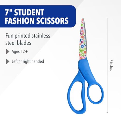 Westcott School Scissors for Kids Ages 12+ and Up - Back to School Essentials and Classroom Supplies - 7-Inch Pointed Student Scissors - for Right- or Left-Handed Use - Floral Printed - 1 Pack - style: Fashion