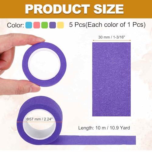 HARFINGTON 5pcs 1-3/16" x 11 Yard Colored Masking Tape Universal Crepe Paper Colorful Masking Painter Tape for Art Drawing DIY Handcraft Sealing, Blue Green Pink Yellow Purple - color: Blue Green Pink Yellow Purple, size: 1-3/16" x 11 Yard