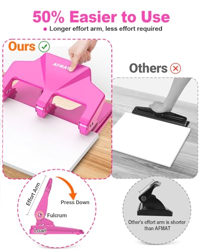 AFMAT 3 Hole Punch Heavy Duty, 40-Sheet Three Hole Punch, 50% Reduced Effort, 3 Hole Puncher for Binder w/Large Chip Tray, 9/32" Holes Diameter, Metal Paper Puncher for Home/Office/School, HP14(Pink) - color: Pink