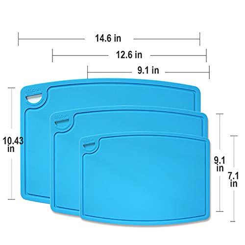 Liflicon Silicone Thick Cutting Boards Mats Set of 3pcs Foldable & Flexible Design Juice Grooves Easy Grip Handle Dishwasher Safe for Kitchen,BPA free Chif-Blue - color: Blue, size: 9.1"L x 7.1"W, 12.6"L x 9.1"W & 14.6"L x 10.4"W