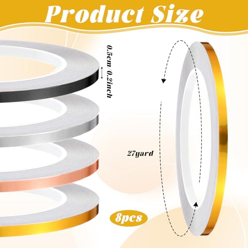 8 Rolls Metallic Washi Tape,Washi Tape Metallic for Crafts Gift Wrapping Home Party Decorations, Black, Gold, Sliver, Rose Gold