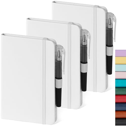NIRMIRO Small Notebook Pocket Size Journal 3.7" x 5.7" (3 Pack), A6 Mini Notepad with Pen, Small Leather Note Book, 100gsm Lined paper, 408 Pages, White - color: 3 White, size: A6
