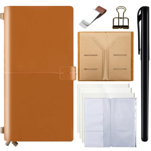 Leather Journal Travelers Notebook - 8.6 x 4.7 Inches Standard TN, Refillable Travel Journal with 3 Inserts, Zipper Pocket, Pen Holder, Binder Clip, Leather Notebook for Travel, Students, Office, Light Brown - color: TNS-Light Brown