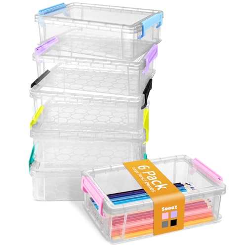 Sooez 6 Pack Extra Large Pencil Box, Plastic Pencil Case Crayon Box | Clear Marker Organizer Plastic Containers with Lid, Stackable Storage Boxes for Art Craft,Back to School Supplies, Multi - color: Multi, size: Large