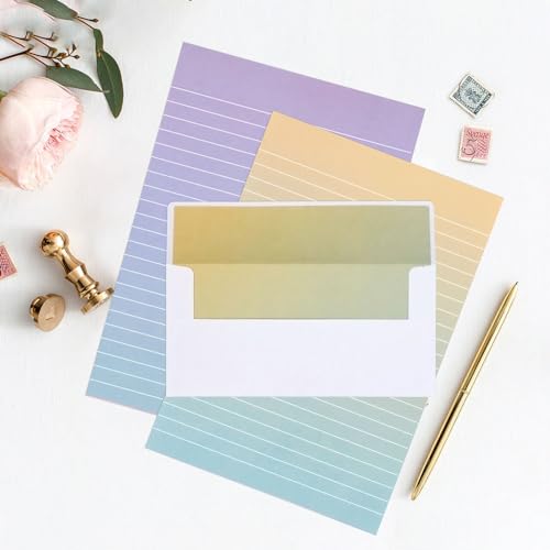 KSIWRE Watercolor Stationery Set with Envelopes, 16 Lined Paper Sheets + 8 Envelopes, Gradient Colors Stationery Paper for Writing Letter Poems Invitations Best Wishes