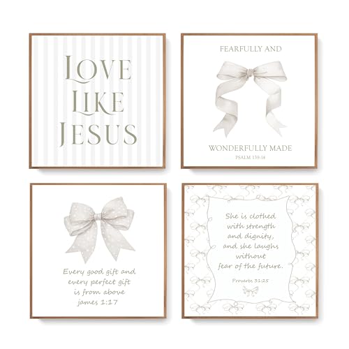 LARTSFRO Coquette Beige Bow Jesus Wall Art Decor Posters, Beige Bow Christian Room Bedroom Bathroom Wall Art Decor Aesthetic for Teen Girls Gifts, Inspirational Bible Verses Bow Wall Decor, 10x10 Inch Set of 4 Bow Pictures (UNFRAMED) - color: beige bow, s