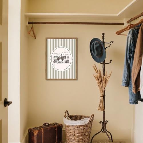 Western Cowboy Wall Art Vintage Southwestern Wall Decor Painting, Retro Rodeo Stripe Poster Canvas Print Picture for Living Room Bedroom 12x16 inch Wood Framed - color: Green Cowboy, size: 16"L x 12"W