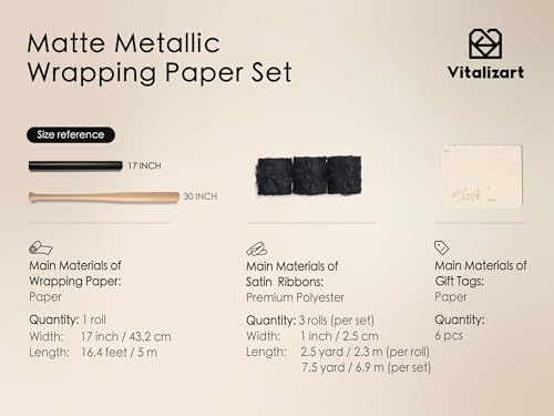 Vitalizart Matte Metallic Black Wrapping Paper Set 17" Ribbons & Gift Tags | All-In-One Recyclable Luxury Elegant Gift Paper Roll Christmas Holiday Bridal Baby Shower Wedding Girls Boys Birthday 197" - color: Black Paper & Black Ribbons, size: 17 Inch