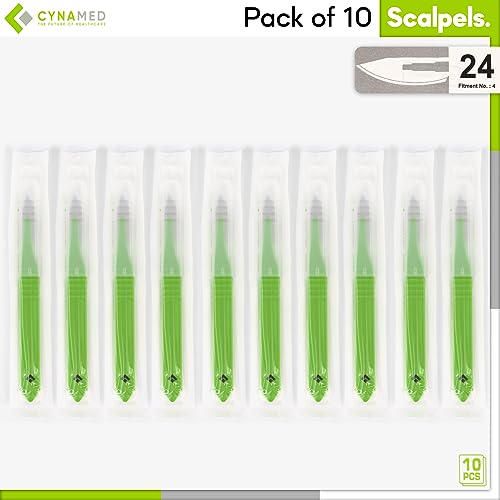 Cynamed Disposable Scalpel Blades| Sharp, Tempered Stainless-Steel Blades | Pack of 10 Sterile Scalpel Knives| Plastic Handle| Individual Pouches| for Dermaplaining, Podiatry, Crafts & More (No.24) - style: No.24