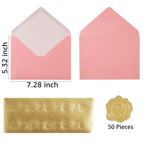 50 Pieces A7 Envelopes 5x7 with Gold Stickers, Rose, Pink | Vines Flower Texture Pattern, V Flap Luxury Mailing for Invitations, Wedding, Graduation, Baby Shower - color: Pink