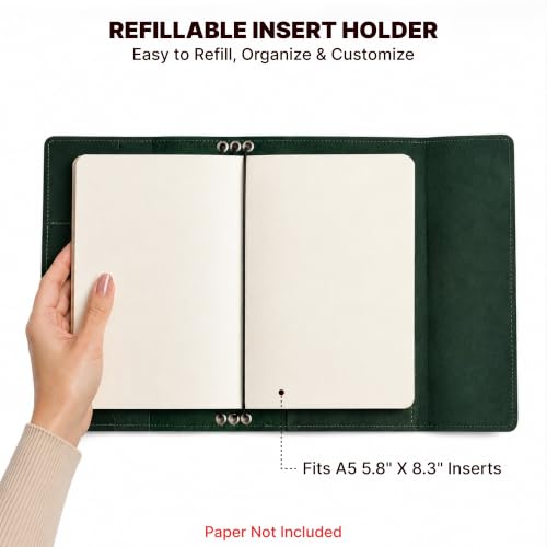 OMBUO Full-Grain Leather A5 Journal Cover – Refillable Traveler’s Notebook Case with 3 Elastic Bands, Pen Loop & Card Pockets – Fits A5/Half-Letter Inserts (Paper Not Included), Green