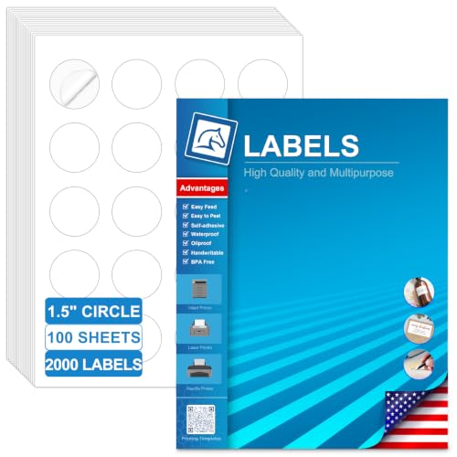 1.5 Inch Round Labels for Laser & Inkjet Printers, Printable Circle Stickers for Thank You Tags, Gift Seals, Small Product & Jar Labels, 2000 White Adhesive Labels (100 Sheets) with Template - size: 1.5 IN-100 Sheets(HB-C020)