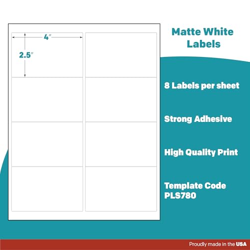 Premium Label Supply White Sticker Shipping/Mailing Labels – 4" x 2.5" – Laser/Inkjet Compatible – (8 per Sheet), 500 Sheets – 4,000 Total Adhesive Labels - size: 4000 Labels