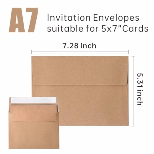 50 Pack Kraft A7 Envelopes, Brown 5x7 Invitation Envelopes, Self Seal Envelopes Printable, for Weddings, Greeting Cards, Photos, Postcards, Mailing, Party - color: Kraft, size: 50 Pack A7 Envelopes (5.31x7.28in)