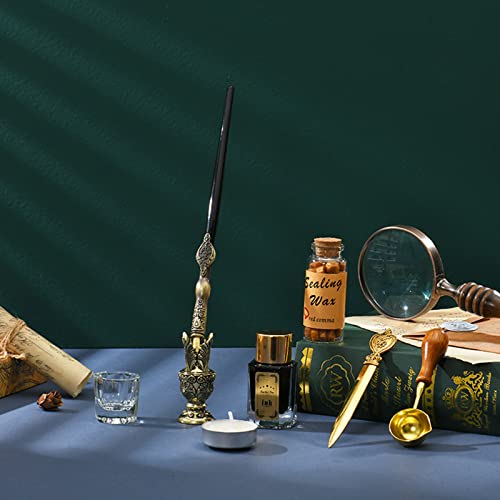 Joyeee Gold Calligraphy Pen Set with Ink, Wooden Calligraphy Fountain Pen, 1 Bottle Sealing Wax Beads, Tea Candle, Glass Cup, Gold Letter Opener, Holder and Wax Seal Spoon, Teacher Gift Box for Women - color: #73 gold