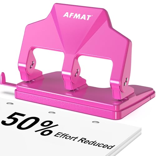 AFMAT 3 Hole Punch Heavy Duty, 40-Sheet Three Hole Punch, 50% Reduced Effort, 3 Hole Puncher for Binder w/Large Chip Tray, 9/32" Holes Diameter, Metal Paper Puncher for Home/Office/School, HP14(Pink) - color: Pink