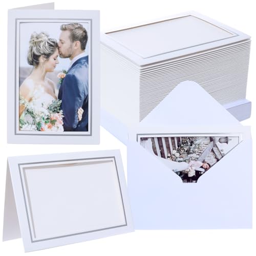 200 Count Photo Frame Cards with Envelopes 4x6 Paper Picture Frame Notecards Photo Card Holder for Back to School Teacher Appreciation Halloween Wedding Birthday Classroom DIY - White with Silver Lining - color: White with Silver Trim