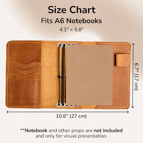 TORAKIP Leather Journal Cover A6 – Handmade Refillable Notebook Cover Fits A6 Inserts 4.1" x 5.8", With 2.2" Spine, 5 Elastic Bands, Pen Holder & Card Pockets (Paper Not Included), Caramel Brown - size: A6