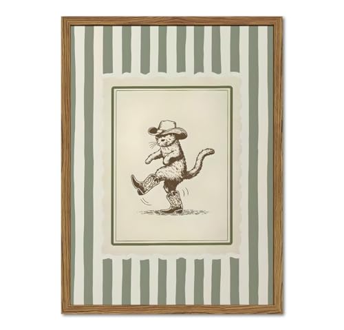 Funny Western Cowboy Cat Wall Art Cute Cat in Boots Decor Painting Vintage Southwest Sage Green Striped Animal Cowboy Poster Canvas Print for Living Room Bedroom 12x16 inch Wood Framed - color: Cowboy Cat B, size: 16"L x 12"W