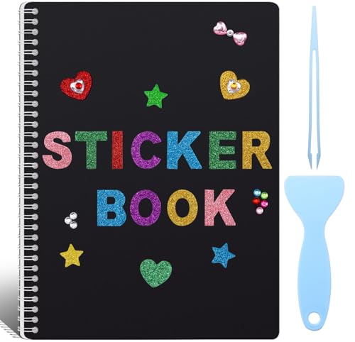UFU Large Reusable Sticker Book Collecting Album, 8.5×11 Inch Sticker Storage Collection Organizer Book with 40 Sheets Blank Release Paper, Letter & Gem Cover Stickers and Tools